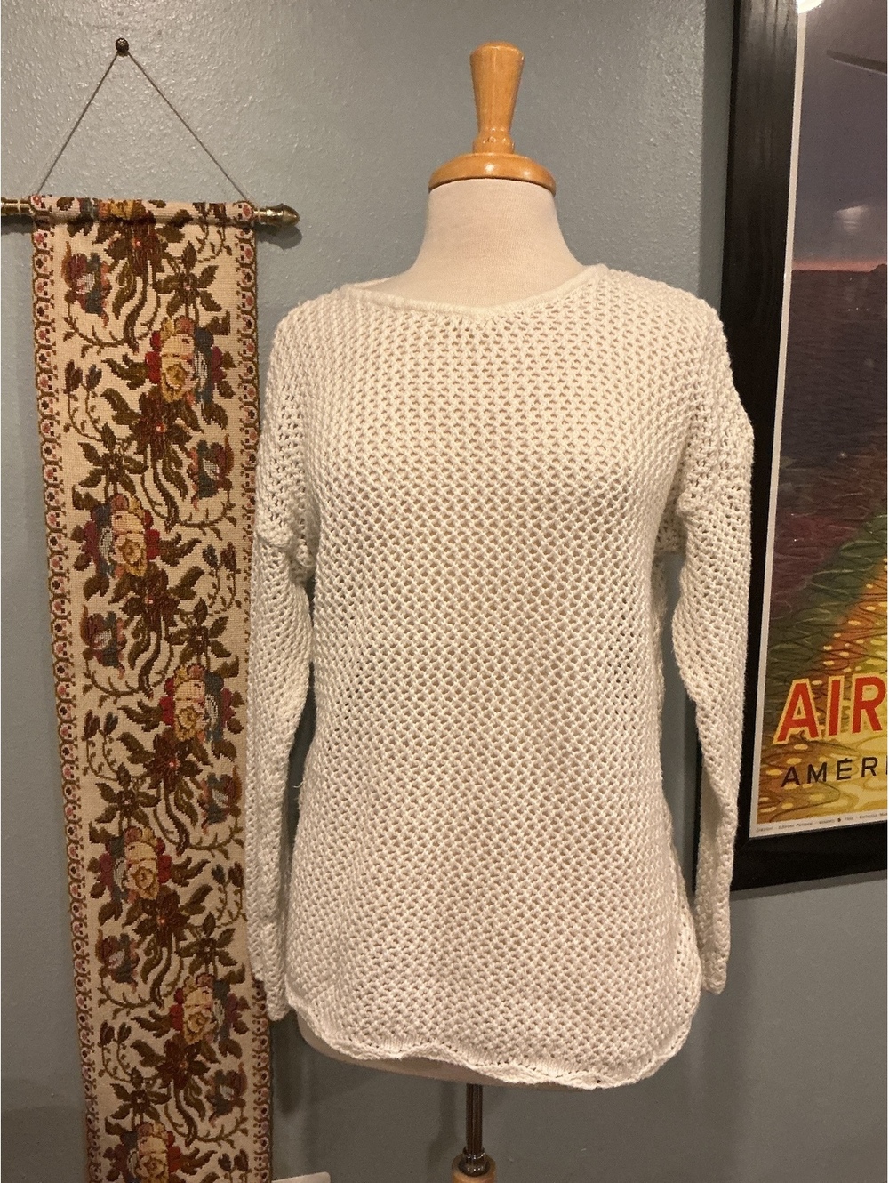 Vintage Express Tricot White Open Knit Sweater Small, Y2K 90s, Natural Fiber